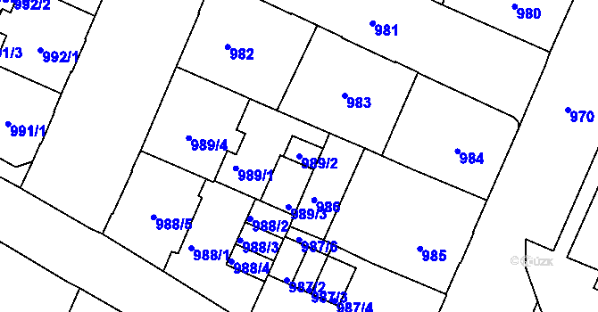 Parcela st. 989/2 v KÚ Podmokly, Katastrální mapa