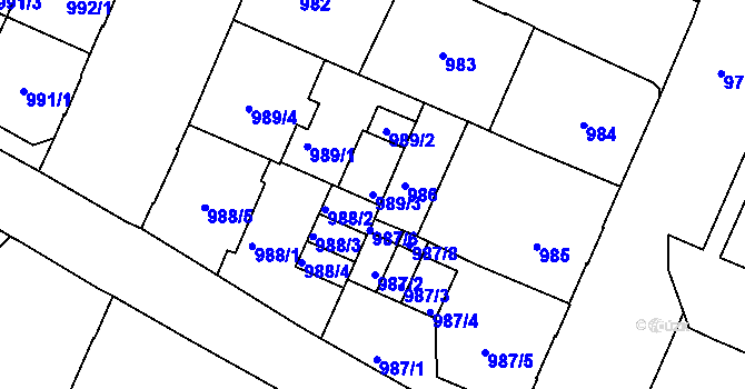 Parcela st. 989/3 v KÚ Podmokly, Katastrální mapa