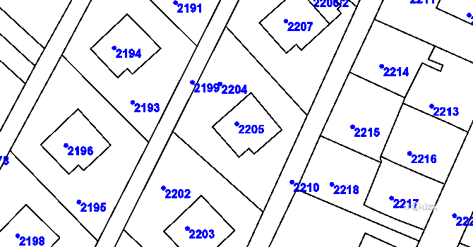 Parcela st. 2205 v KÚ Podmokly, Katastrální mapa