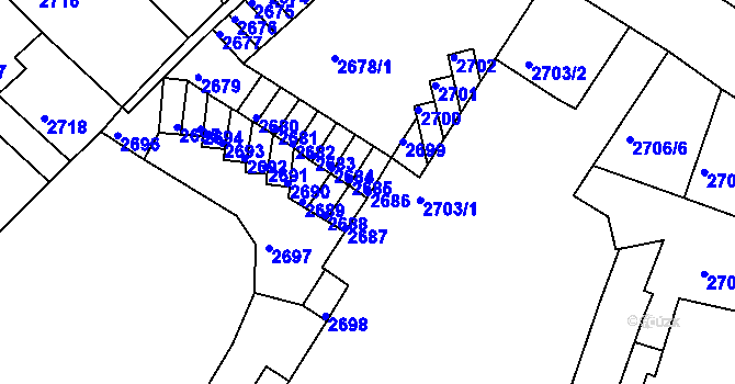 Parcela st. 2686 v KÚ Podmokly, Katastrální mapa