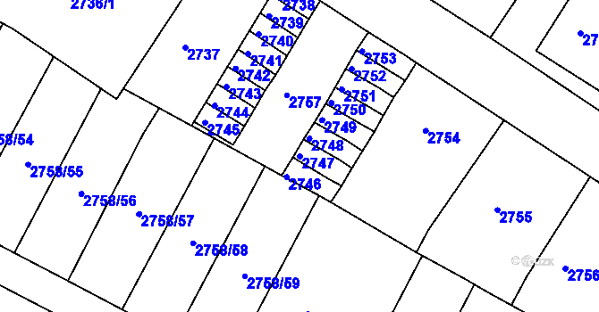 Parcela st. 2747 v KÚ Podmokly, Katastrální mapa