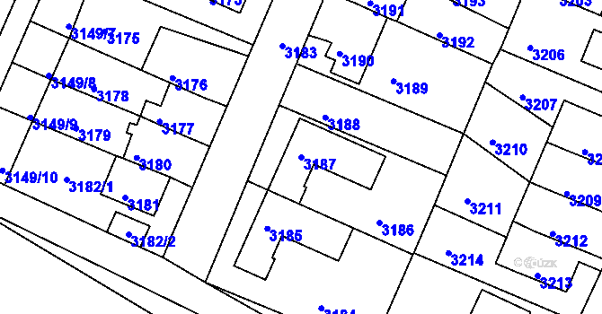 Parcela st. 3187 v KÚ Podmokly, Katastrální mapa