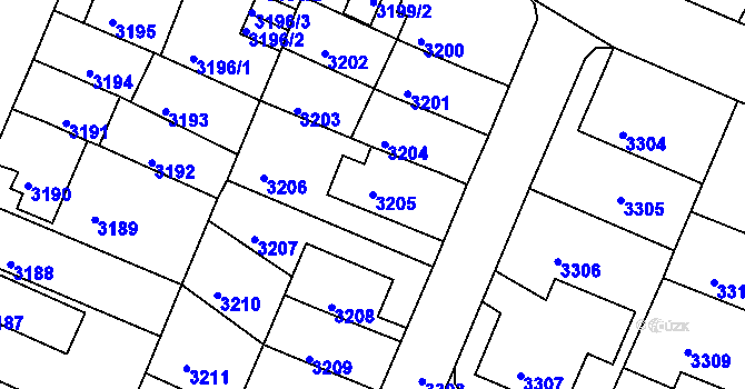 Parcela st. 3205 v KÚ Podmokly, Katastrální mapa