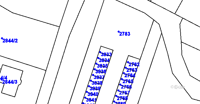 Parcela st. 3833 v KÚ Podmokly, Katastrální mapa
