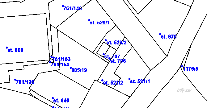 Parcela st. 707 v KÚ Bynov, Katastrální mapa
