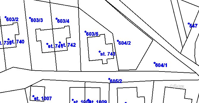 Parcela st. 743 v KÚ Bynov, Katastrální mapa