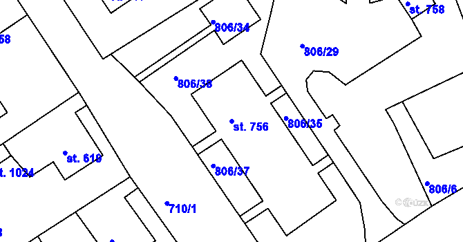 Parcela st. 756 v KÚ Bynov, Katastrální mapa