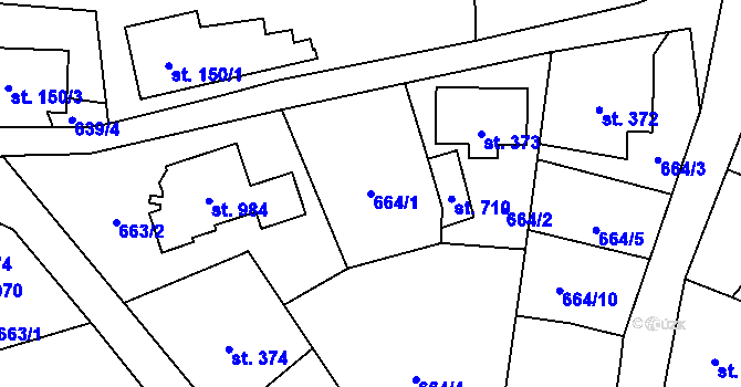 Parcela st. 664/1 v KÚ Bynov, Katastrální mapa