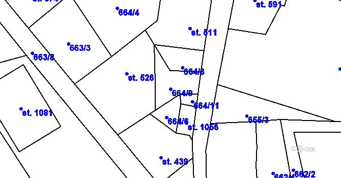Parcela st. 664/9 v KÚ Bynov, Katastrální mapa
