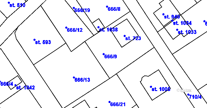 Parcela st. 666/9 v KÚ Bynov, Katastrální mapa