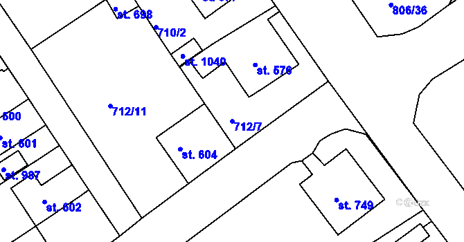 Parcela st. 712/7 v KÚ Bynov, Katastrální mapa