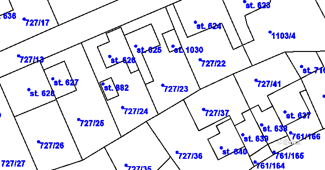 Parcela st. 727/23 v KÚ Bynov, Katastrální mapa