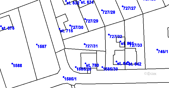 Parcela st. 727/31 v KÚ Bynov, Katastrální mapa