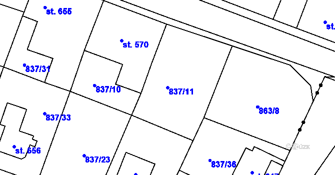 Parcela st. 837/11 v KÚ Bynov, Katastrální mapa