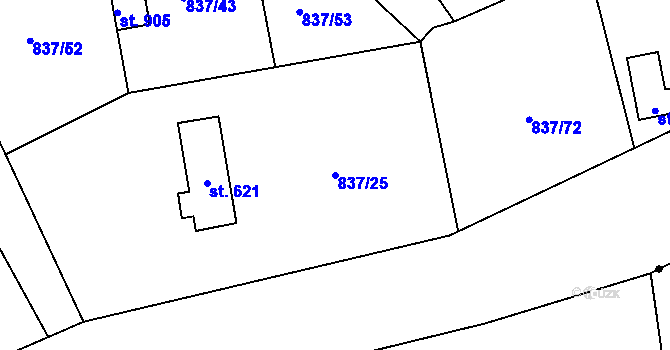 Parcela st. 837/25 v KÚ Bynov, Katastrální mapa