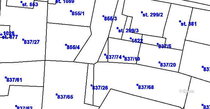 Parcela st. 837/74 v KÚ Bynov, Katastrální mapa