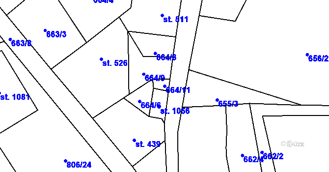 Parcela st. 664/11 v KÚ Bynov, Katastrální mapa