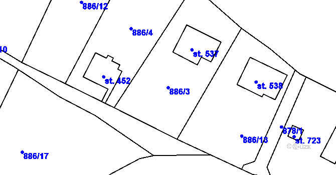 Parcela st. 886/3 v KÚ Prostřední Žleb, Katastrální mapa
