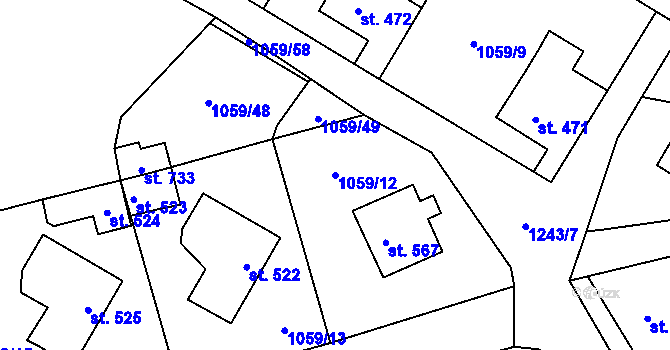Parcela st. 1059/12 v KÚ Prostřední Žleb, Katastrální mapa