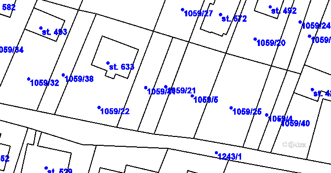 Parcela st. 1059/21 v KÚ Prostřední Žleb, Katastrální mapa