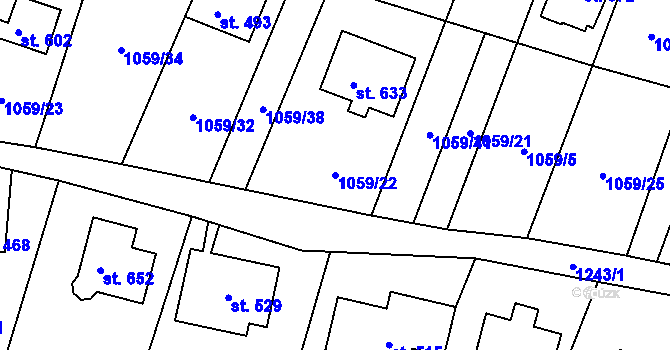 Parcela st. 1059/22 v KÚ Prostřední Žleb, Katastrální mapa