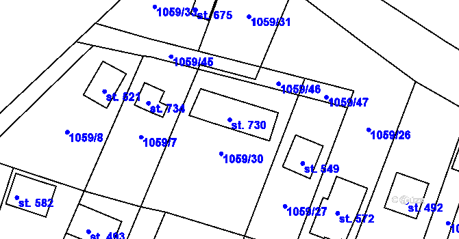 Parcela st. 730 v KÚ Prostřední Žleb, Katastrální mapa