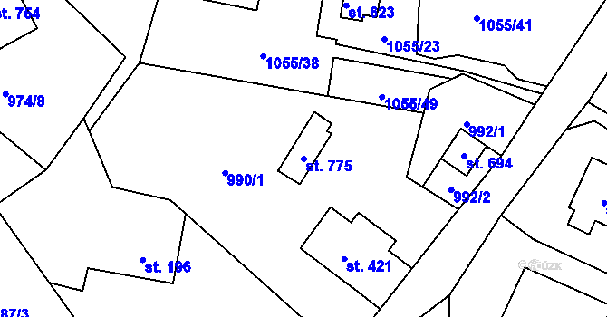Parcela st. 775 v KÚ Prostřední Žleb, Katastrální mapa
