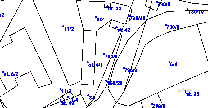 Parcela st. 780/3 v KÚ Dehtáře, Katastrální mapa