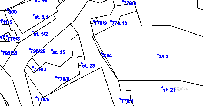 Parcela st. 33/4 v KÚ Dehtáře, Katastrální mapa
