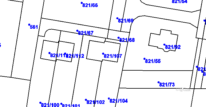 Parcela st. 821/107 v KÚ Děhylov, Katastrální mapa