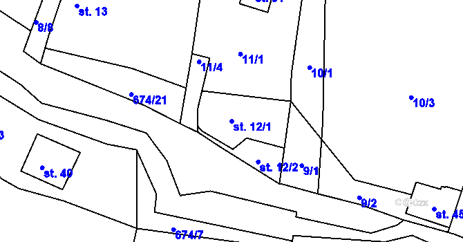 Parcela st. 12/1 v KÚ Odeř, Katastrální mapa