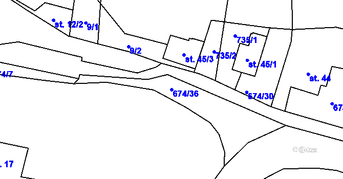 Parcela st. 674/36 v KÚ Odeř, Katastrální mapa
