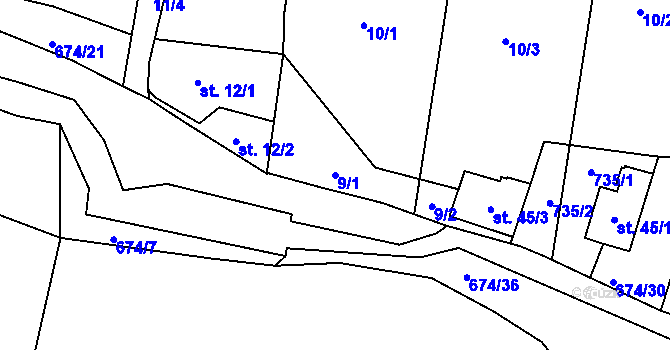 Parcela st. 9/1 v KÚ Odeř, Katastrální mapa