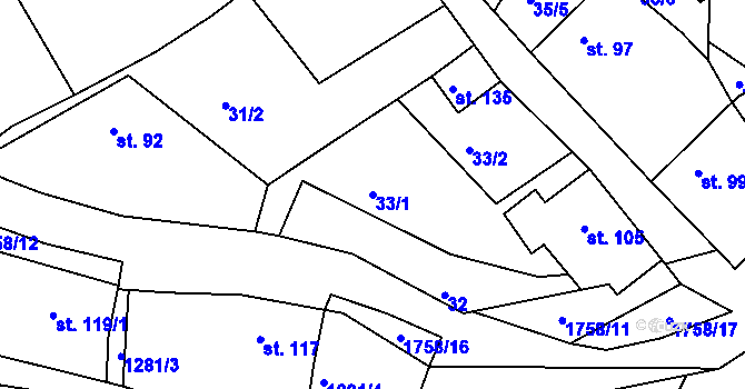 Parcela st. 33/1 v KÚ Deštnice, Katastrální mapa