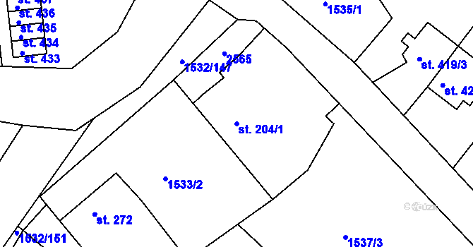 Parcela st. 204/1 v KÚ Díly, Katastrální mapa