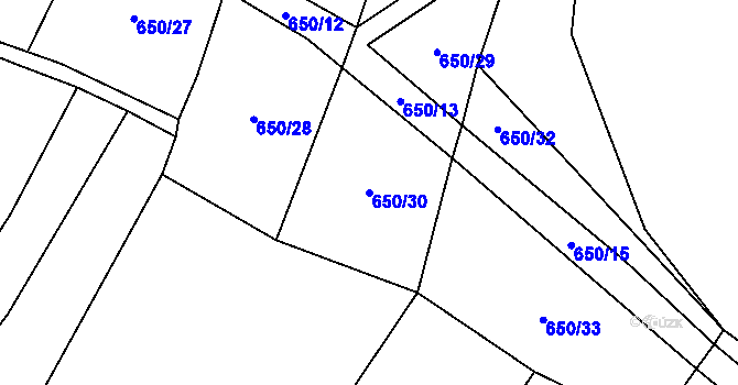 Parcela st. 650/30 v KÚ Dírná, Katastrální mapa