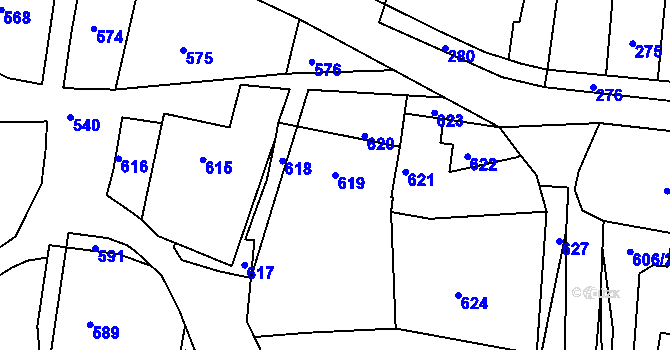 Parcela st. 619 v KÚ Diváky, Katastrální mapa