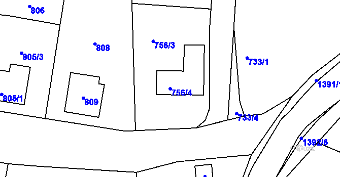 Parcela st. 756/4 v KÚ Divišov u Benešova, Katastrální mapa