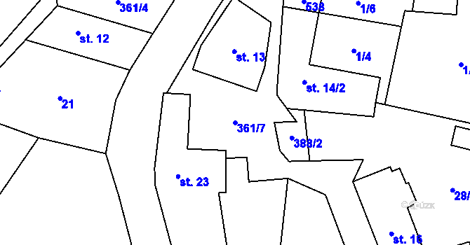 Parcela st. 361/7 v KÚ Bolechovice I, Katastrální mapa