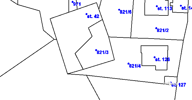 Parcela st. 821/3 v KÚ Divišovice, Katastrální mapa