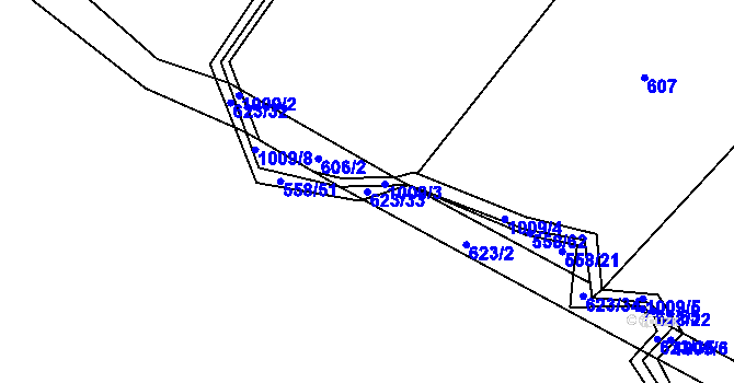 Parcela st. 623/33 v KÚ Miletice u Dlažova, Katastrální mapa
