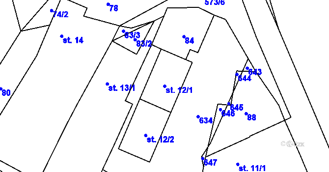 Parcela st. 12/1 v KÚ Miletice u Dlažova, Katastrální mapa