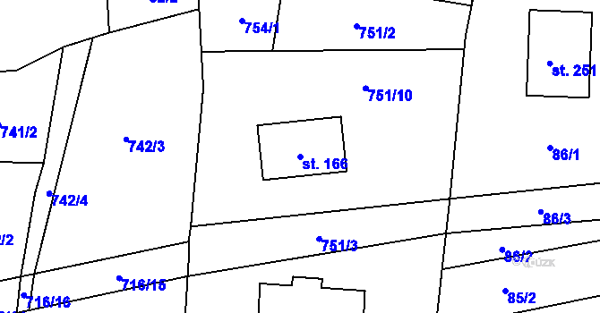 Parcela st. 166 v KÚ Dlouhá Lhota u Dobříše, Katastrální mapa