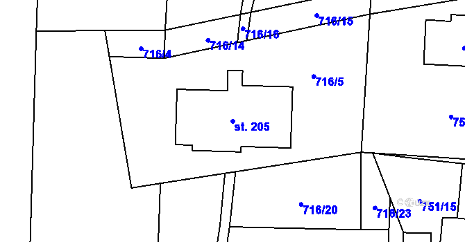Parcela st. 205 v KÚ Dlouhá Lhota u Dobříše, Katastrální mapa