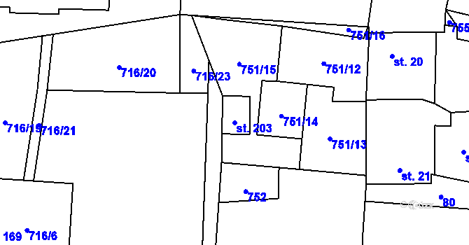 Parcela st. 203 v KÚ Dlouhá Lhota u Dobříše, Katastrální mapa