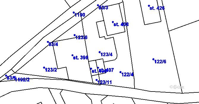Parcela st. 123/4 v KÚ Dlouhý Most, Katastrální mapa