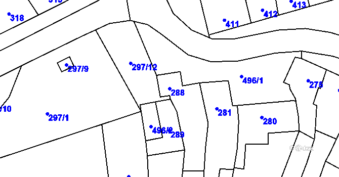 Parcela st. 288 v KÚ Dluhonice, Katastrální mapa