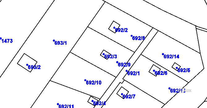 Parcela st. 692/3 v KÚ Dluhonice, Katastrální mapa