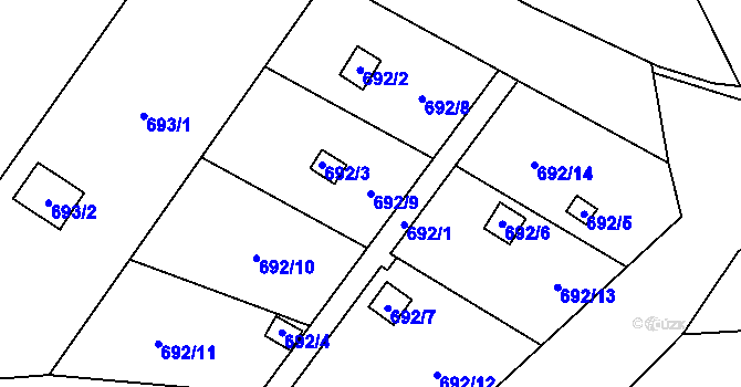 Parcela st. 692/9 v KÚ Dluhonice, Katastrální mapa