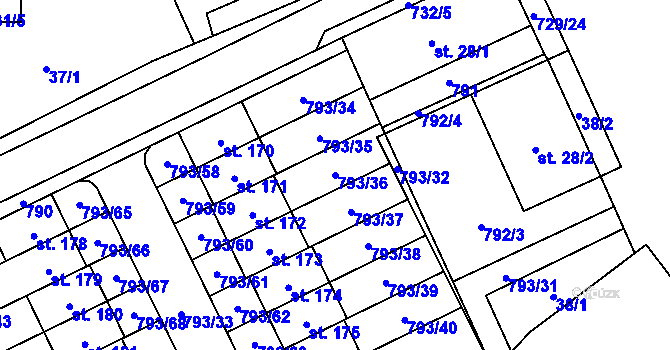 Parcela st. 793/36 v KÚ Dobročovice, Katastrální mapa
